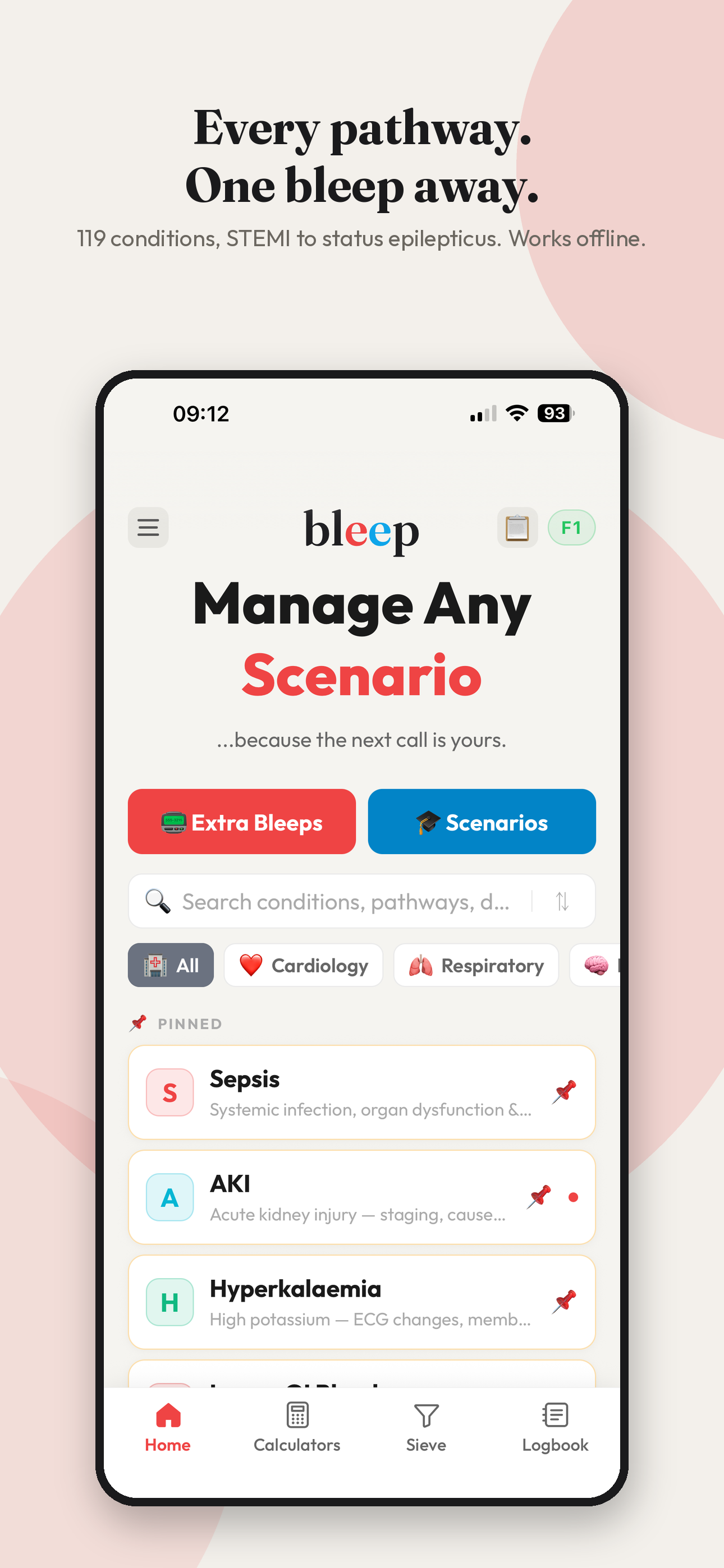 Bleep On Call app showing clinical pathways and scenario tools